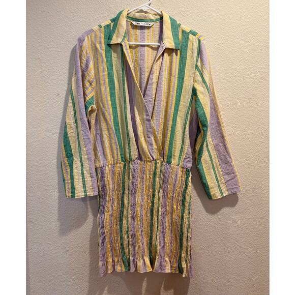 Zara The Valery Dress Multicolor Pastel Smocked Striped Mini Dress Size L - Picture 2 of 4